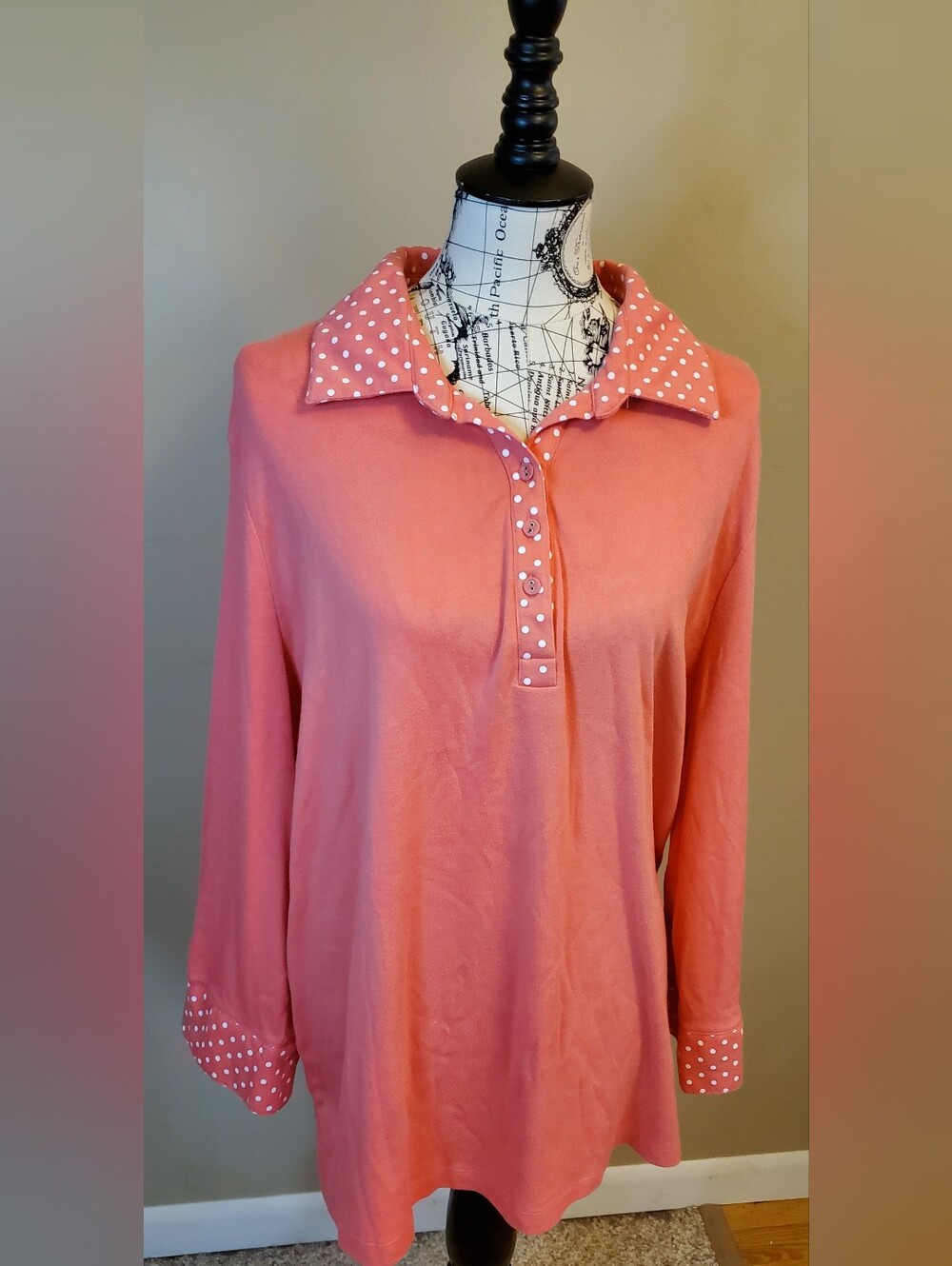 Falls Creek 4X Plus Size Peach Pink Polka Dot Collar Long Sleeve Polo Top